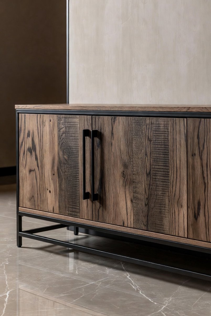 Industrieel TV Meubel 120 cm met Lamellendeuren en Verstelbare Planken – Lowboard TV Kast Woonkamer Opbergkast Vintage Bruin Zwart – Mobili Bella