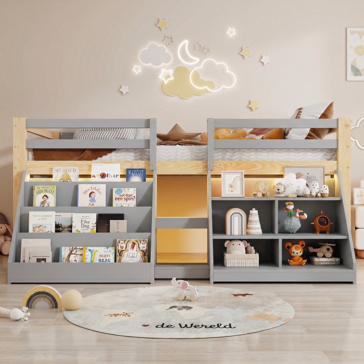 VVBV Halfhoogslaper 90x200cm Kinderbed met LED-Verlichting & Opbergruimte, Massief Grenen, met Uitvalbeveiliging en Trap, Grijs/Natuur
