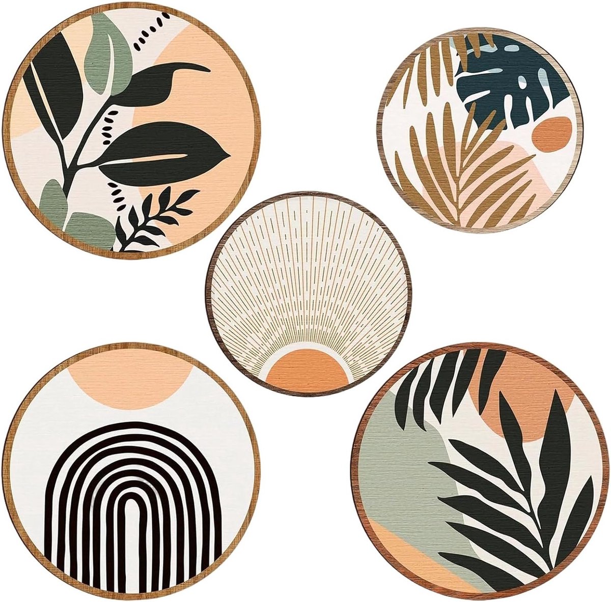 Boho Houten Wanddecoratie Set van 5 Stukken, Vintage Ronde Wanddecoratie voor Woonkamer, Slaapkamer en Kunstruimtes, Perfect voor Boerderij- en Haldecoratie