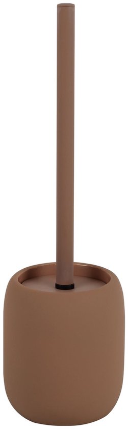 Bruine toiletborstel met een slanke steel en een ronde houder.