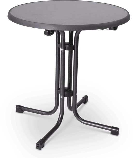 Ronde grijze terrastafel met een inklapbaar zwart metalen onderstel.
