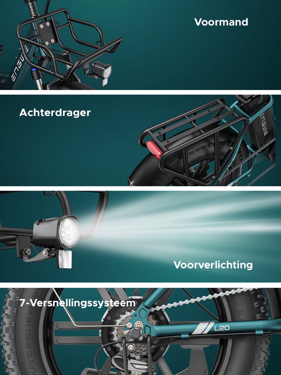 ENGWE L20 Boost Elektrische fiets - Actieradius 120km - Verwijderbare batterij 48V13Ah - Motor 250W - Shimano 7 versnellingen - Mechanische Schijfremmen - 20 Inch Commuter E-Bike - Fatbike - Zwart – foto 4