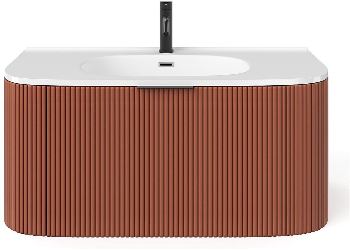 Vente-unique Gestreefde zwevende badkamermeubel met inbouwwastafel en kraan - Mat terracotta - 100 cm - LOMERI