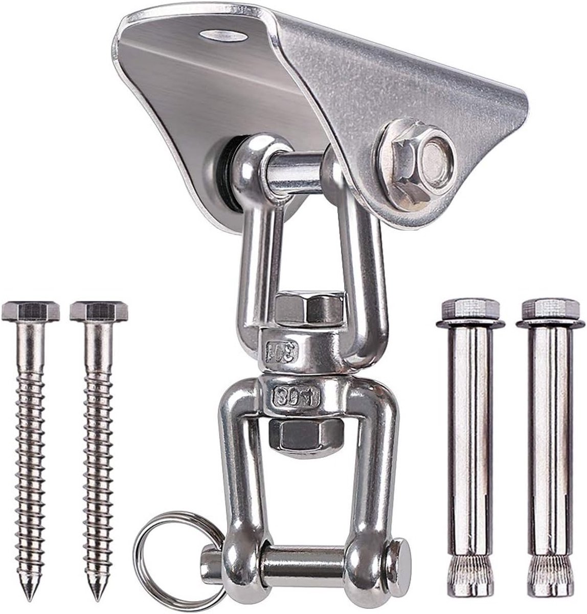 Zware Swing Hangers met 450 kg Capaciteit van RVS, 360° Draaibaar, Geschikt voor Hangmatten en Schommels, Inclusief 4 Schroeven voor Betonnen en Houten Bevestiging