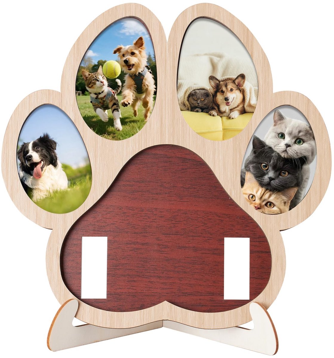 Pootafdruk fotolijstje voor huisdieren – 4-foto collage – Halsband/riem houder – 20×18cm – Aandenken voor honden & katten-Souvenirs voor huisdieren