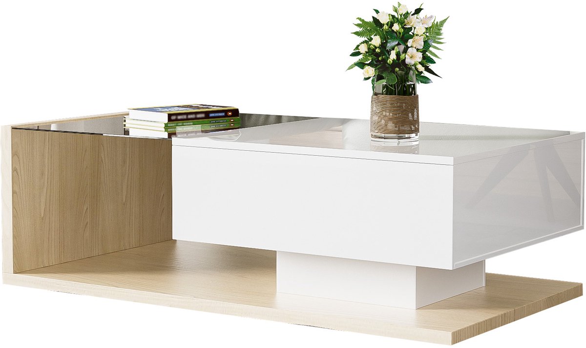 YYchan Salontafel - Luxe Hoogglans Tafel in Houtlook - Inclusief LED Verlichting & Gehard Glas - 105 x 55 x 32.5 cm - Natuurlijk Wit