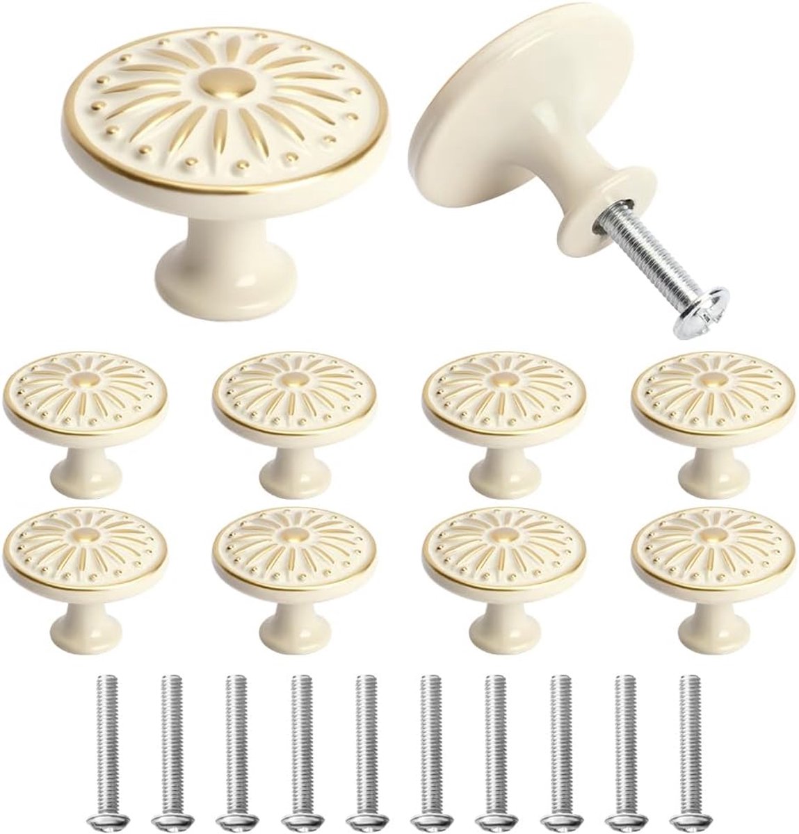 Mebelknoppen Set - Bloemenpatroon Ladeknoppen - 10 Stuks - Aluminium Legering Retro Design - Voor Kast En Commode - Wit