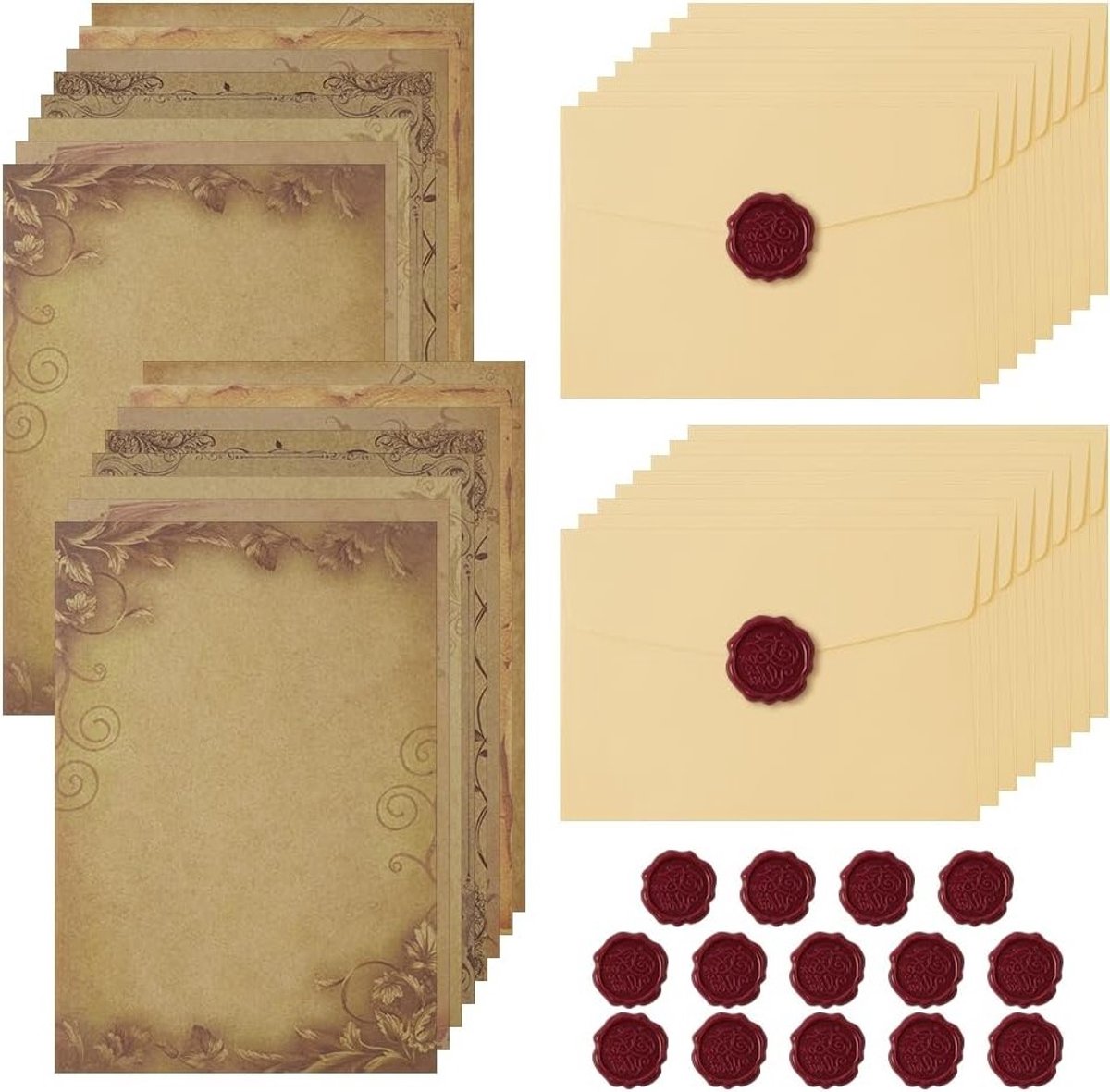 Set van 48 Vintage Briefpapier Enveloppen met 16 B6 Kraft Papieren, 16 Linnen Enveloppen en 16 Waszegels voor Uitnodigingen en Liefdesbrieven