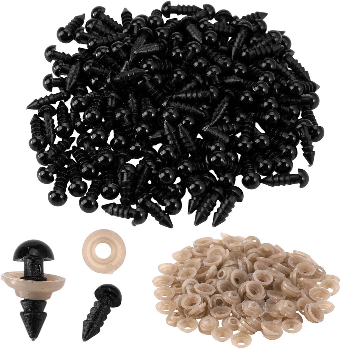 200 Stuks Zwarte Veiligheidsogen met Ringen, 6mm Oogjes voor Haken Dieren, Plastic Ogen voor Poppenmaken, Veiligheidsogen met Wasringen voor Creatief Handwerk