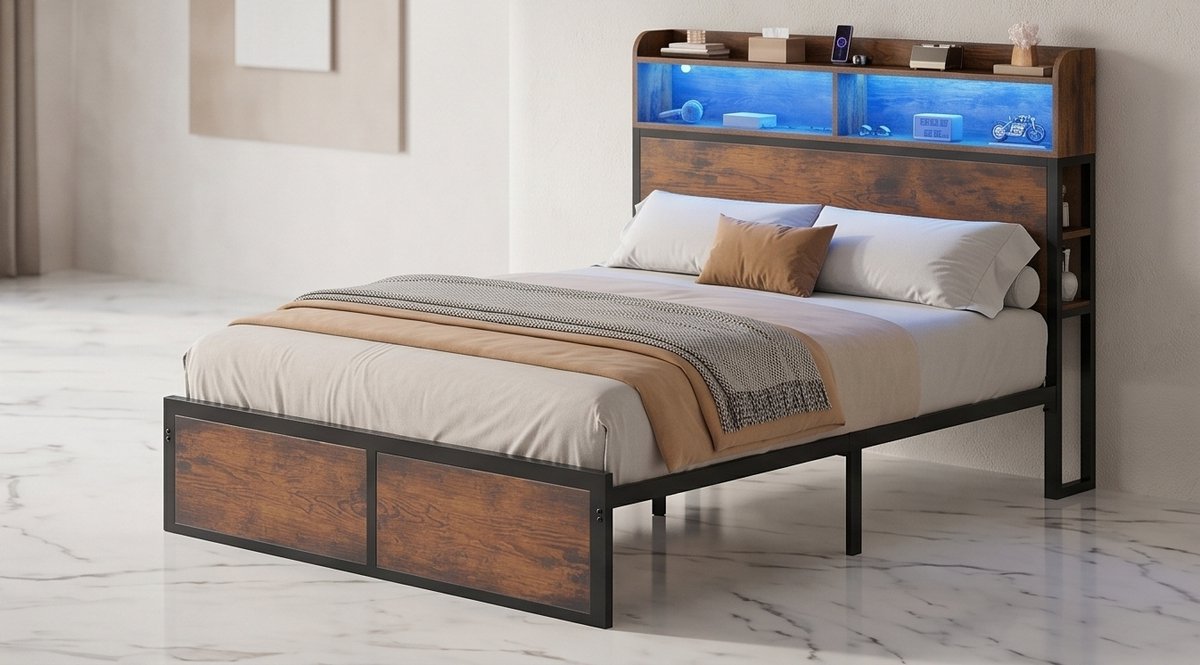 LED Bedframe 120x200 cm met USB Oplaadpunten, RGB Verlichting, Opbergplanken en Metalen Platform – Industrieel Design Bruin – Mobili Bella