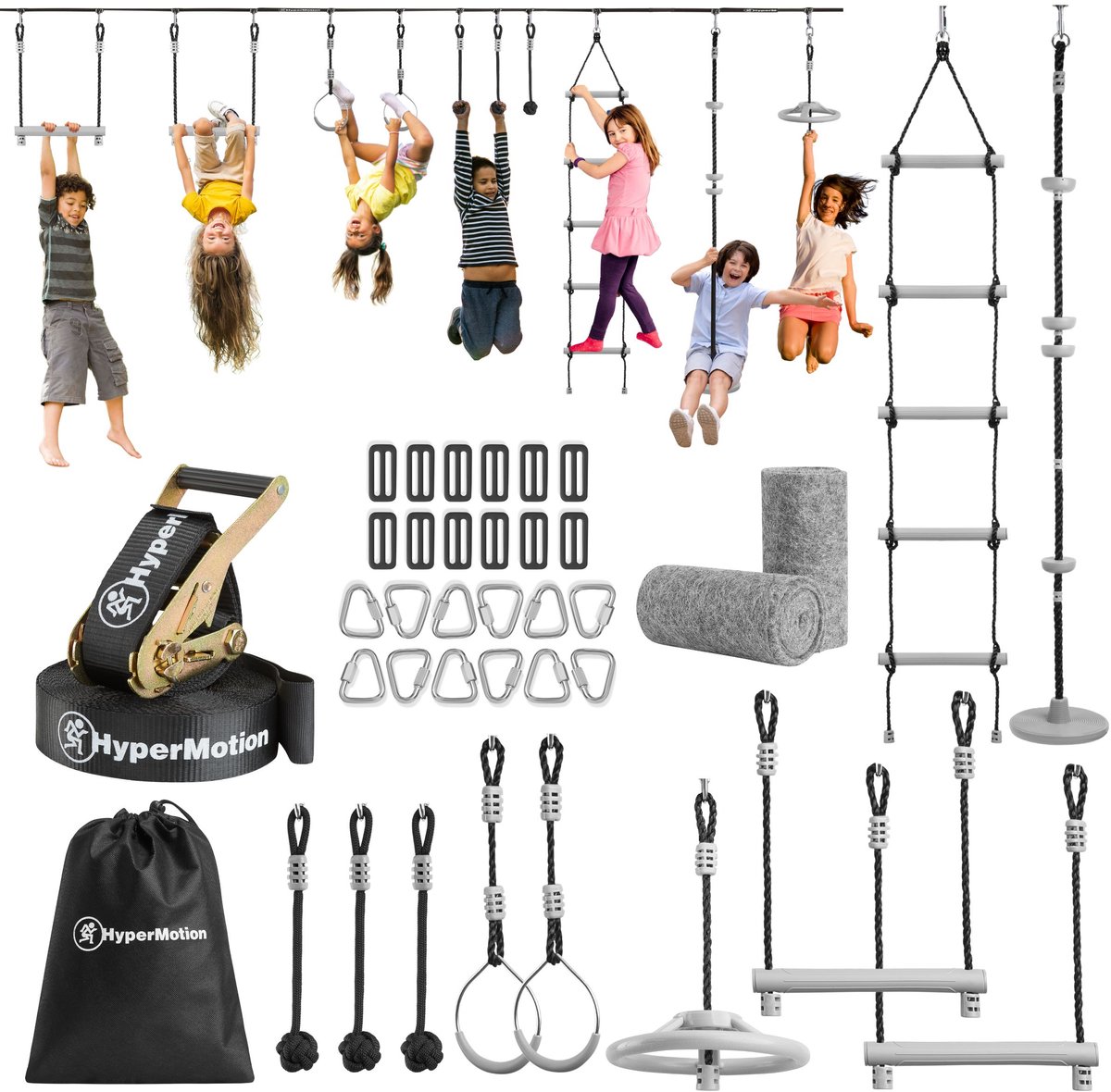 Ninja Obstakelbaan voor Kinderen – HyperMotion Slackline Set 15m met 10 Obstakels – Compleet Klimparcours