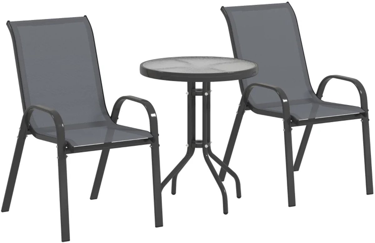 Bistroset - Tuinmeubel 3-delig - Tuinset - Tuinmeubelset met 2 Stapelbare Stoelen + Glazen Tafel - Balkonset - Zitgroep - Meubel - Loungeset - Meubelsets - Weerbestendig - voor Tuin, Balkon, Terras - Donkergrijs
