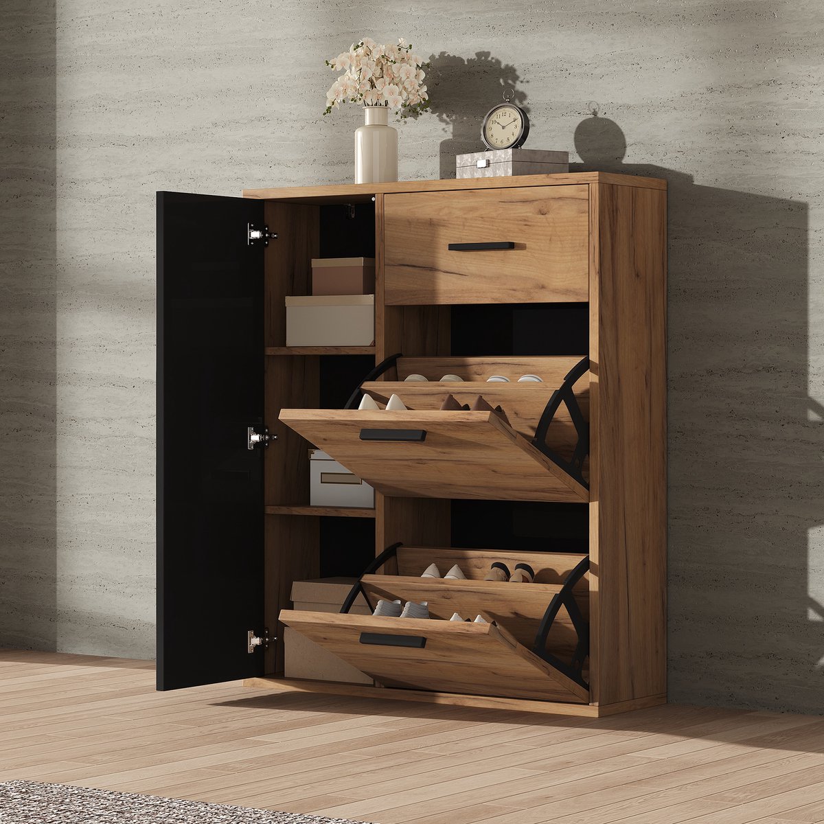 MODENUIT Schoenenkast - Met Lade, 2 Klepvakken En Deur - Voor Hal En Entree - Spaanplaat Zwart/Naturel - 80x24x95,5 Cm