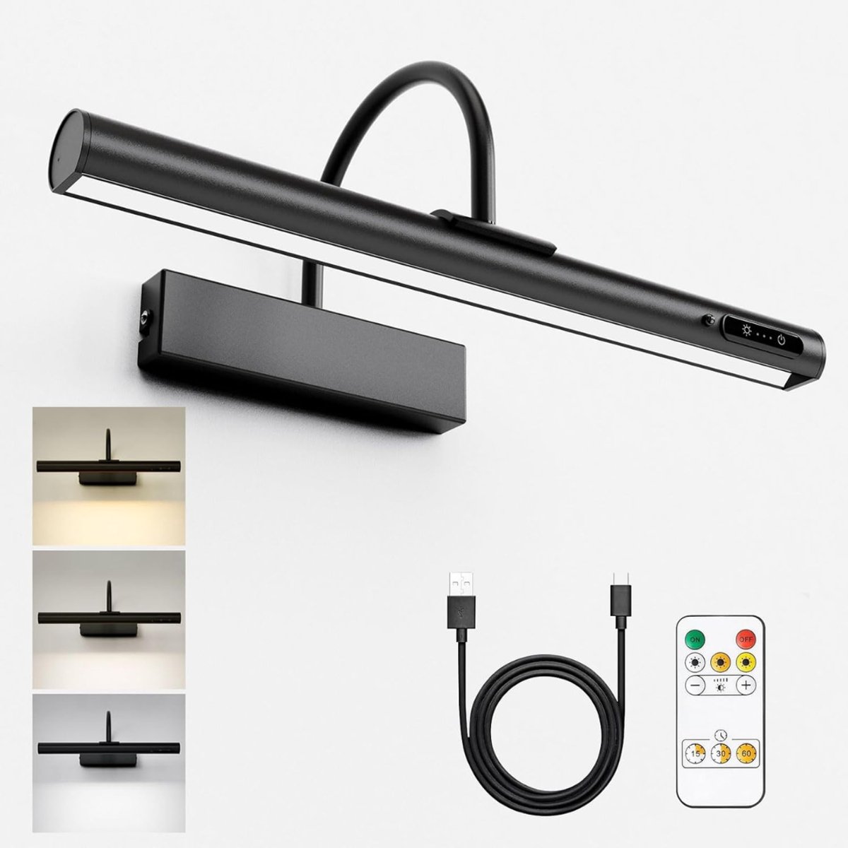 HEZIVO® Draadloze Schilderijlamp - Wandlamp Oplaadbaar - Met Batterij en Afstandsbediening - Dimbaar - 3 Kleurtemperaturen - Zwart