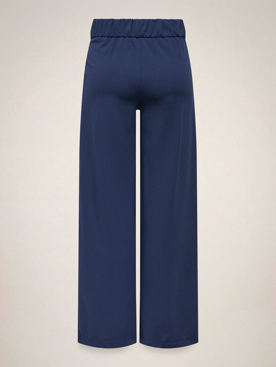 Donkerblauwe wijde broek met elastische tailleband.