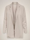 Een lange, beige blazer met open voorkant en lange mouwen, zwevend.
