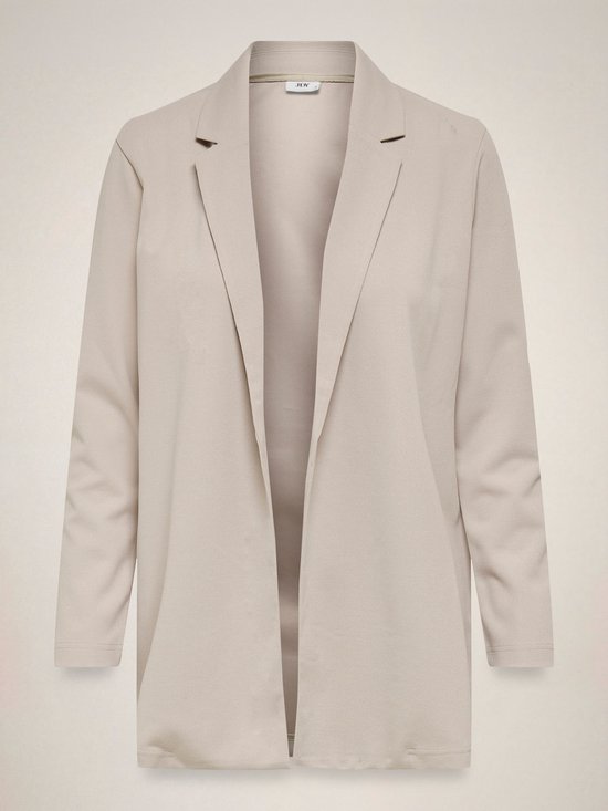 Een lange, beige blazer met open voorkant en lange mouwen, zwevend.