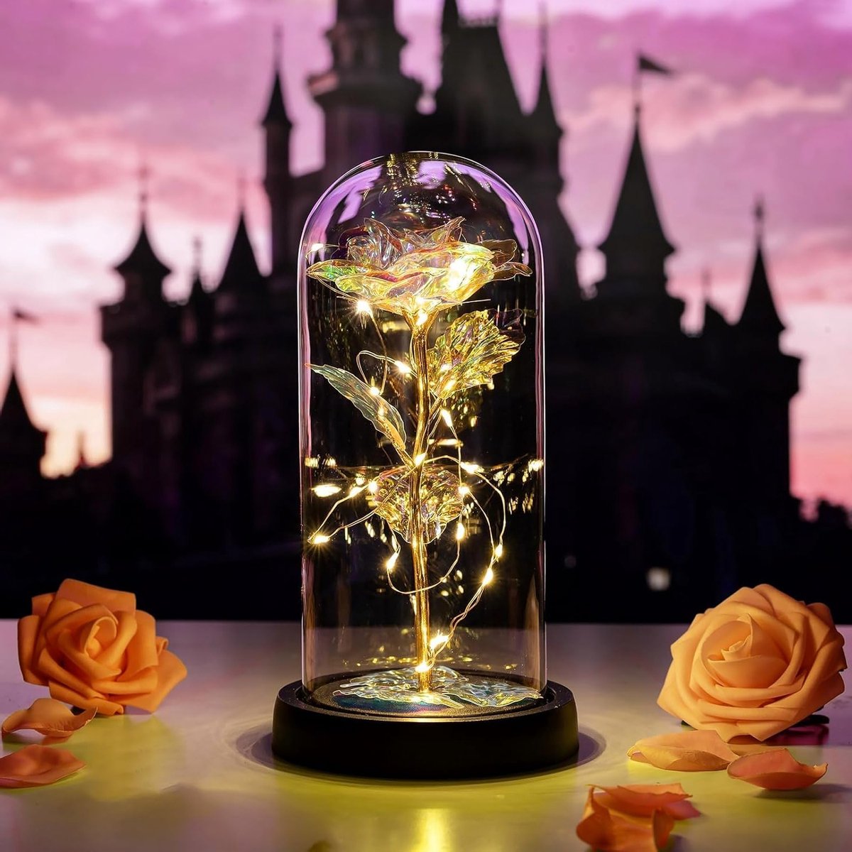 Eternal Crystal Rose in Glazen Kooi met Warm Witte LED Verlichting - Perfect Cadeau voor Verjaardag, Valentijnsdag en Bruiloft