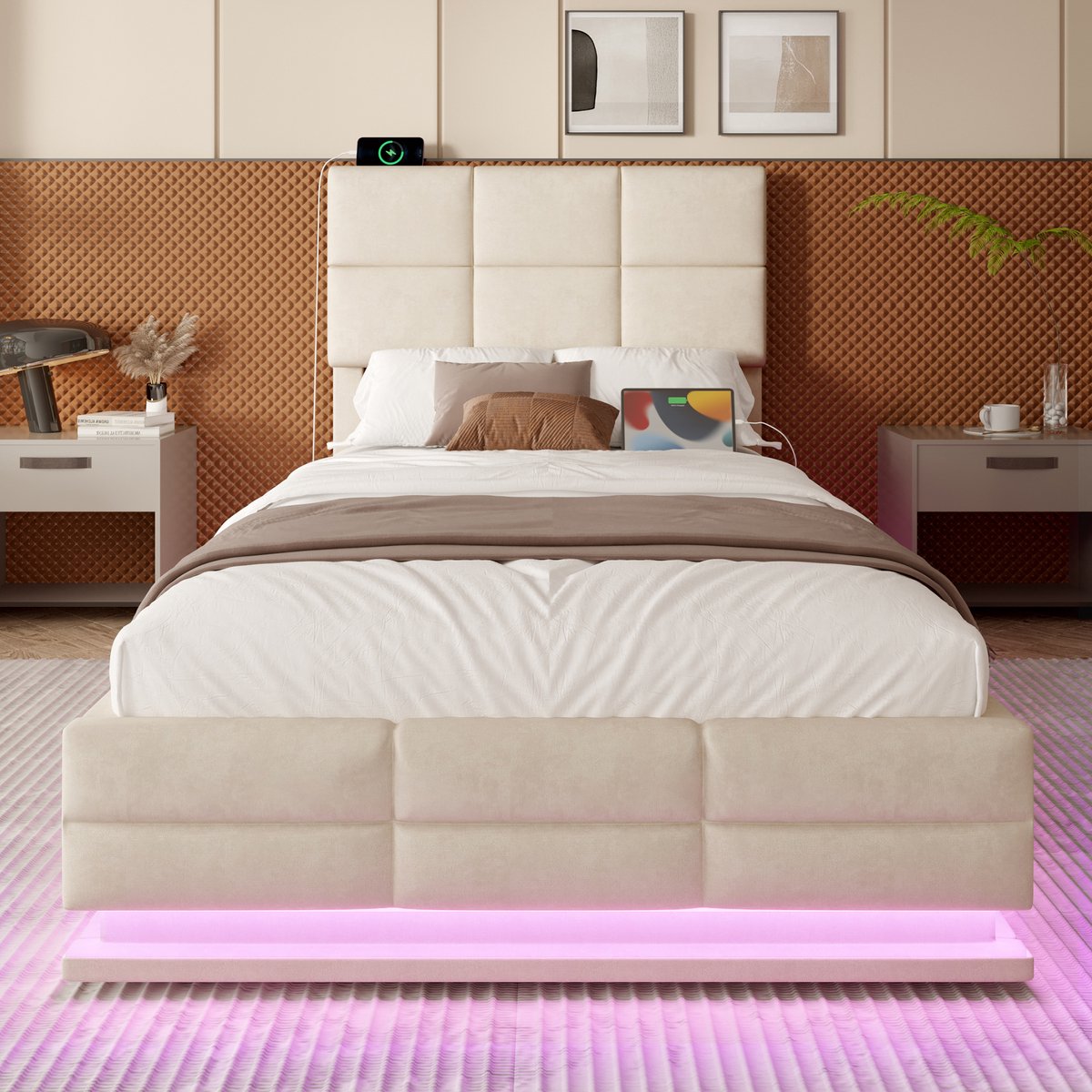VVBV Gestoffeerd Opbergbed 90x200 cm met Verstelbaar Hoofdbord, USB-C - LED-Verlichting - Fluweel Beige - Zonder Matras