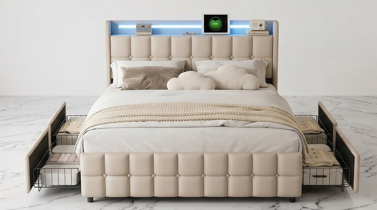 Luxe LED Opberg Boxspring Bed 180x200 cm met USB-aansluiting, RGB Verlichting, 4 Opberglades & Gestoffeerd Hoofdbord – Modern Tweepersoonsbed met Lattenbodem – Beige – Mobili Bella