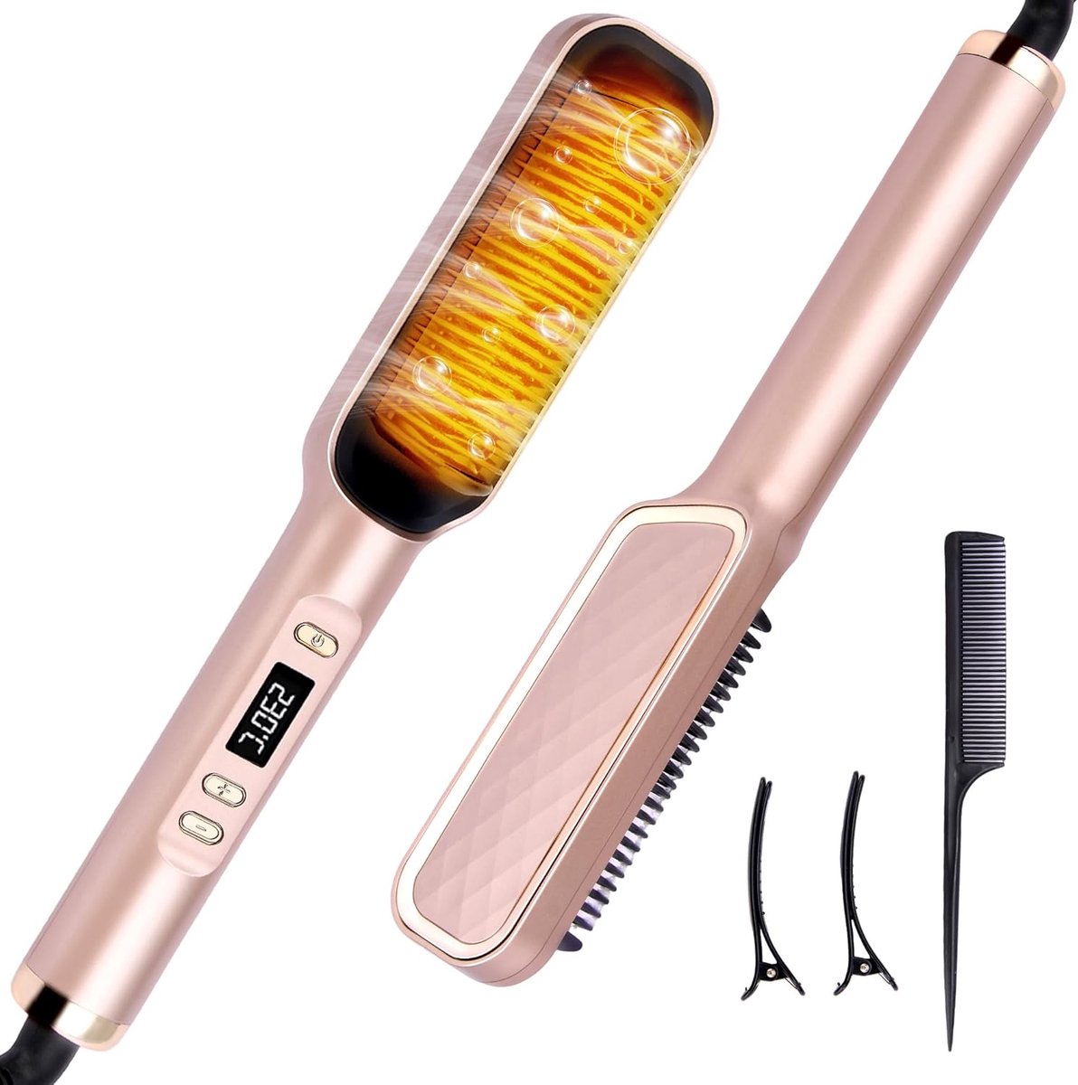 Krulborstel - Stijlborstel - Haarstylingsborstel - Ionische Keramische Kam voor Vrouwen - 4 Temperatuurinstellingen - Snel Verwarmen in 10 Seconden - Anti-Verbranding en Dubbele Voltage - Roze Goud