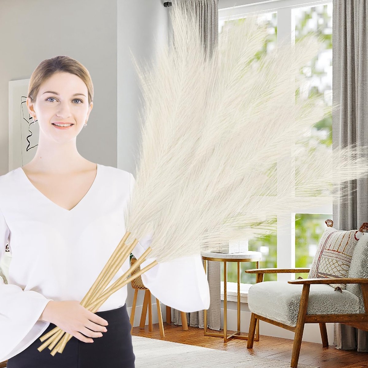Grote 97 cm Nep Pampasgras - 7 Stuks Fluffy Droogdecoratie voor Bruiloft, Woonkamer en Slaapkamer in Boho Stijl (Beige)