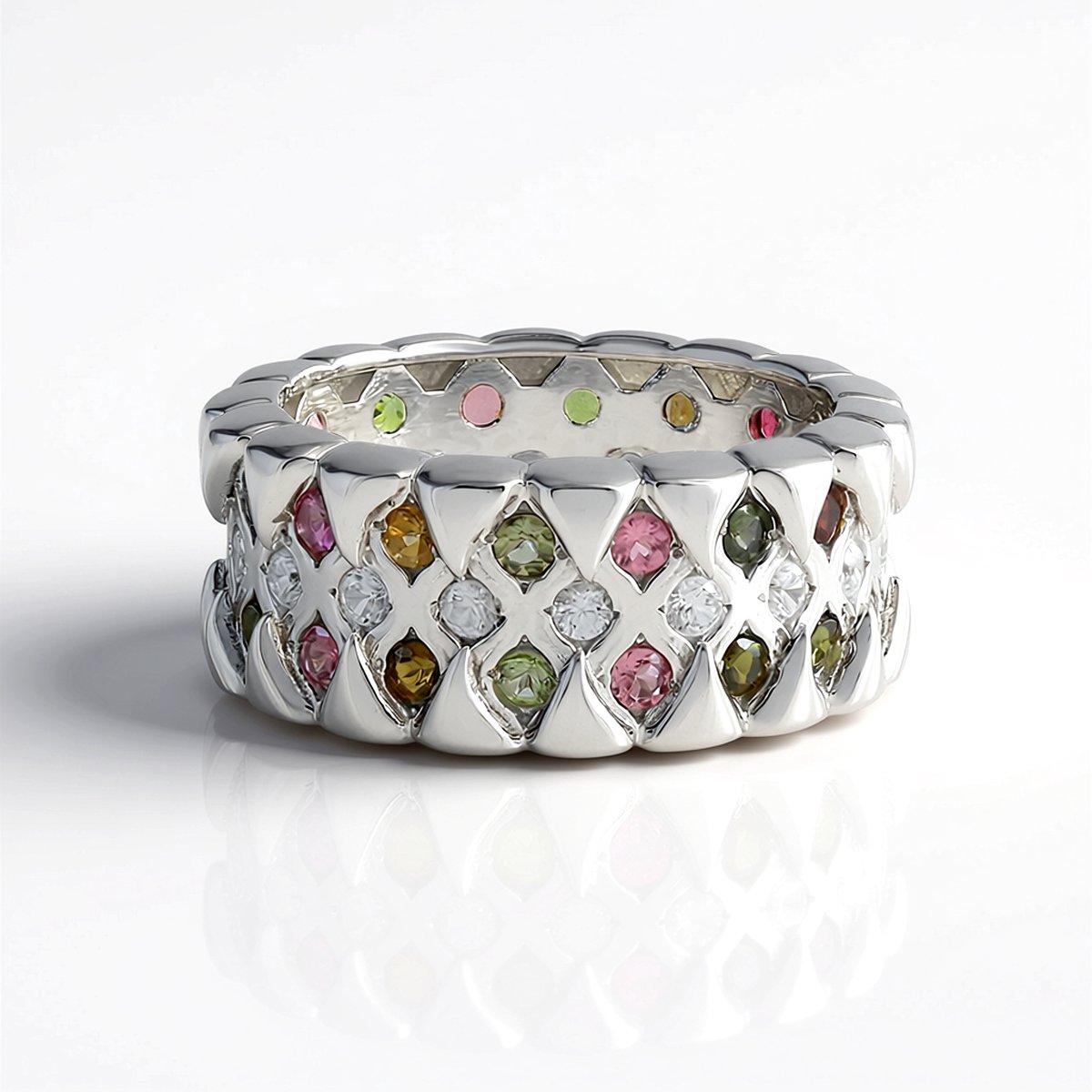 Cavill - 925 Sterling Zilver Ring met Platina Coating - 36 Toermalijnen 1,305 ct & 18 Zirkonen 1,009 ct - Brede Luxe Vlechtring 22 mm