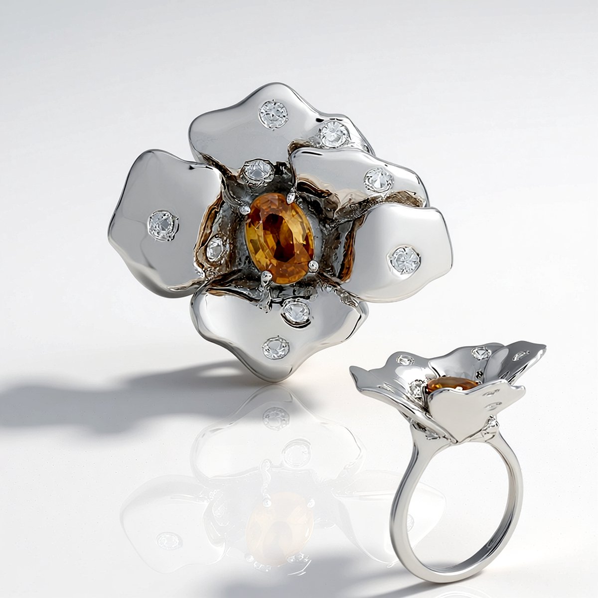 Cavill - 925 Sterling Zilveren ring met platina afwerking - Gele Zirkoon 1 28 ct ovaal + 9 ronde 0 45 ct - Elegante bloemvorm