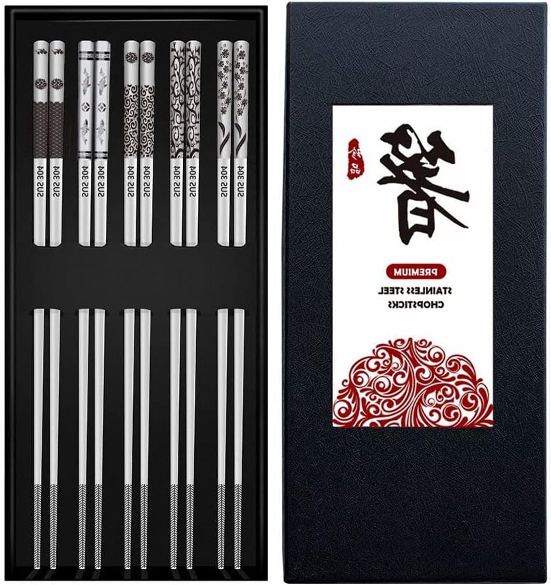 Herbruikbare RVS eetstokjes set van 5 paar met gegraveerd patroon, vaatwasserbestendig en gemakkelijk schoon te maken, perfect als cadeau voor liefhebbers van de Japanse keuken
