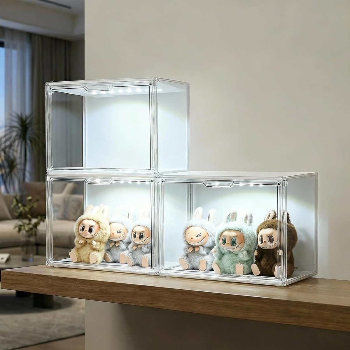 Transparante Stapelbare Plastic Dozen met Magnetische Sluiting en LED Verlichting, Stofdichte Acryl Display Case voor Figuren, Modellen, Boeken, Schoenen en Handtassen (Set van 3)