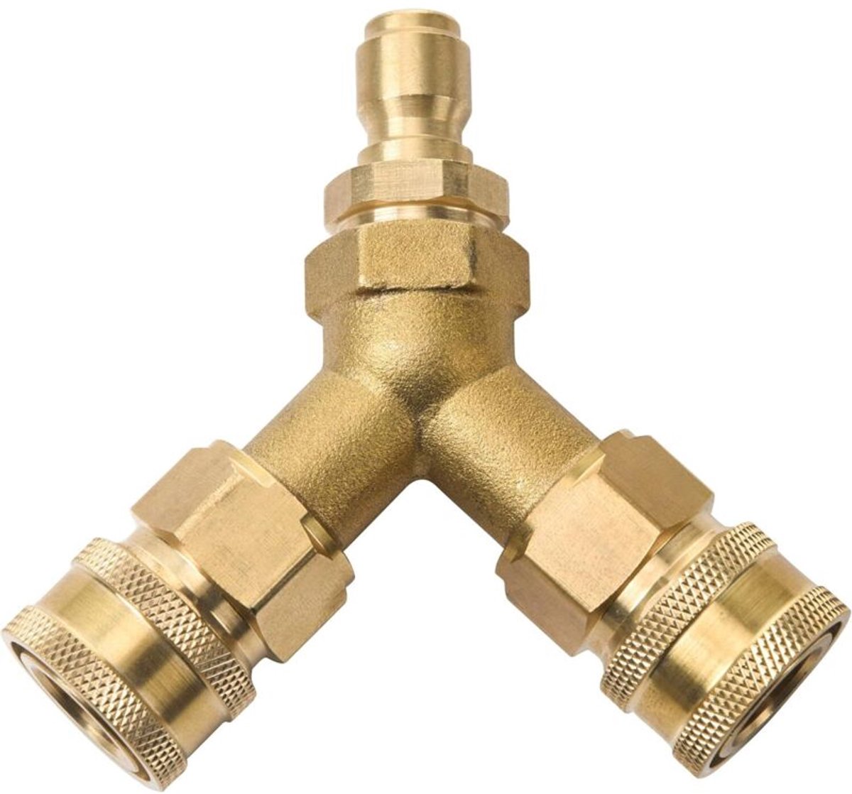Een 3/8 inch connector geschikt voor hogedrukreinigers, waarmee twee spuitpistolen snel op één hogedrukreiniger kunnen worden aangesloten.