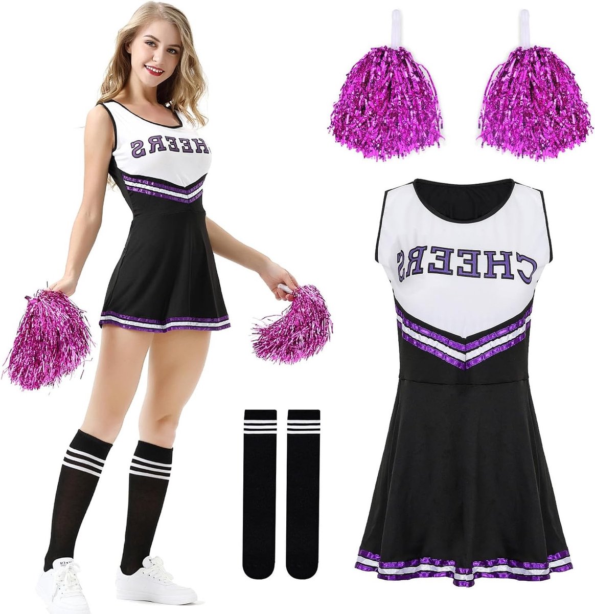 Cheerleader kostuum voor vrouwen en meisjes, feestoutfit voor volwassenen, ideaal voor carnaval, Halloween en themafeesten met pompons en sokken.