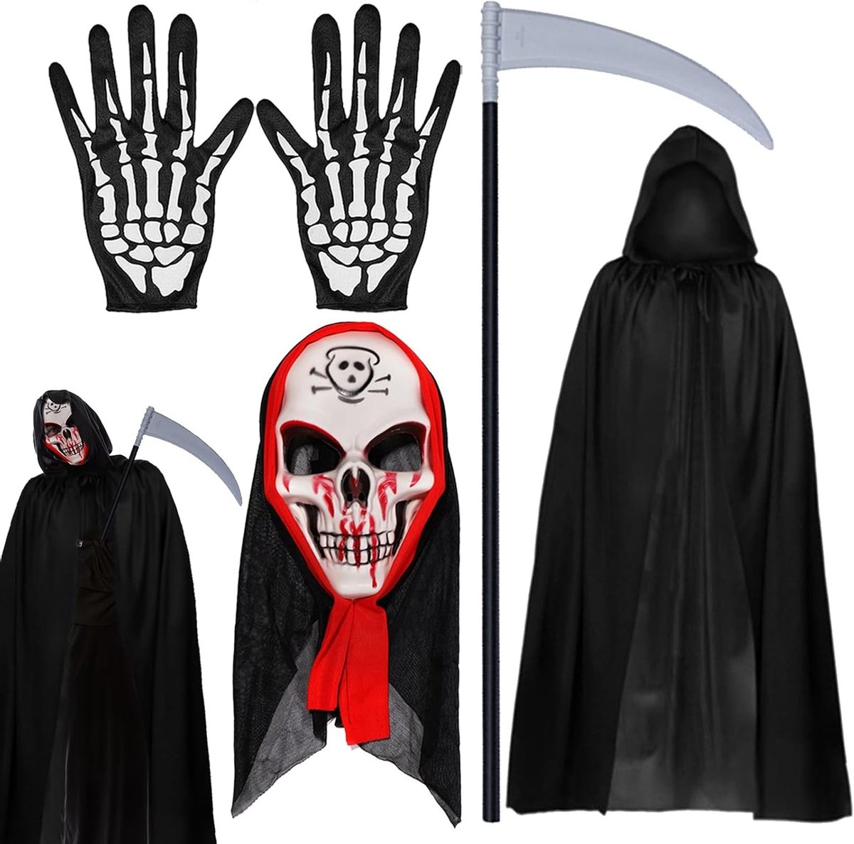 Grim Reaper Kostuum voor Volwassenen en Kinderen, Skeletmasker, Handschoenen en Scythe Outfit voor Rollenspel en Halloween Feesten