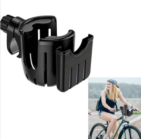 Zwarte bekerhouder met telefoonhouder op het stuur van een fiets, gereden door een blonde vrouw in een pet.