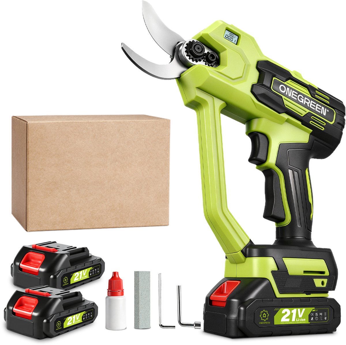 ONEGREEN Elektrische Snoeischaar - 35mm Accu Snoeischaar - met 2x Batterijen - SK5 koolstofstaal - Draagbare Snoeischaren - Voor Boomgaard, Tuin, Boerderij, Park, Tuinieren