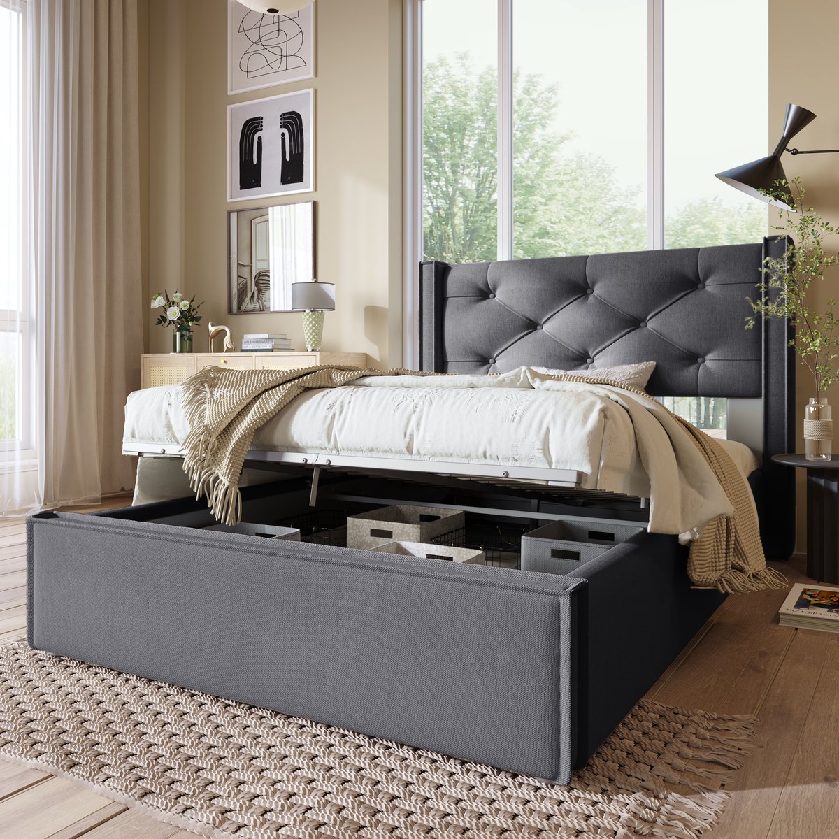 Zubaliya Opbergbed 90x200 cm - Gestoffeerd Eenpersoonsbed met Hydraulische Opbergruimte en Lattenbodem - Grijs