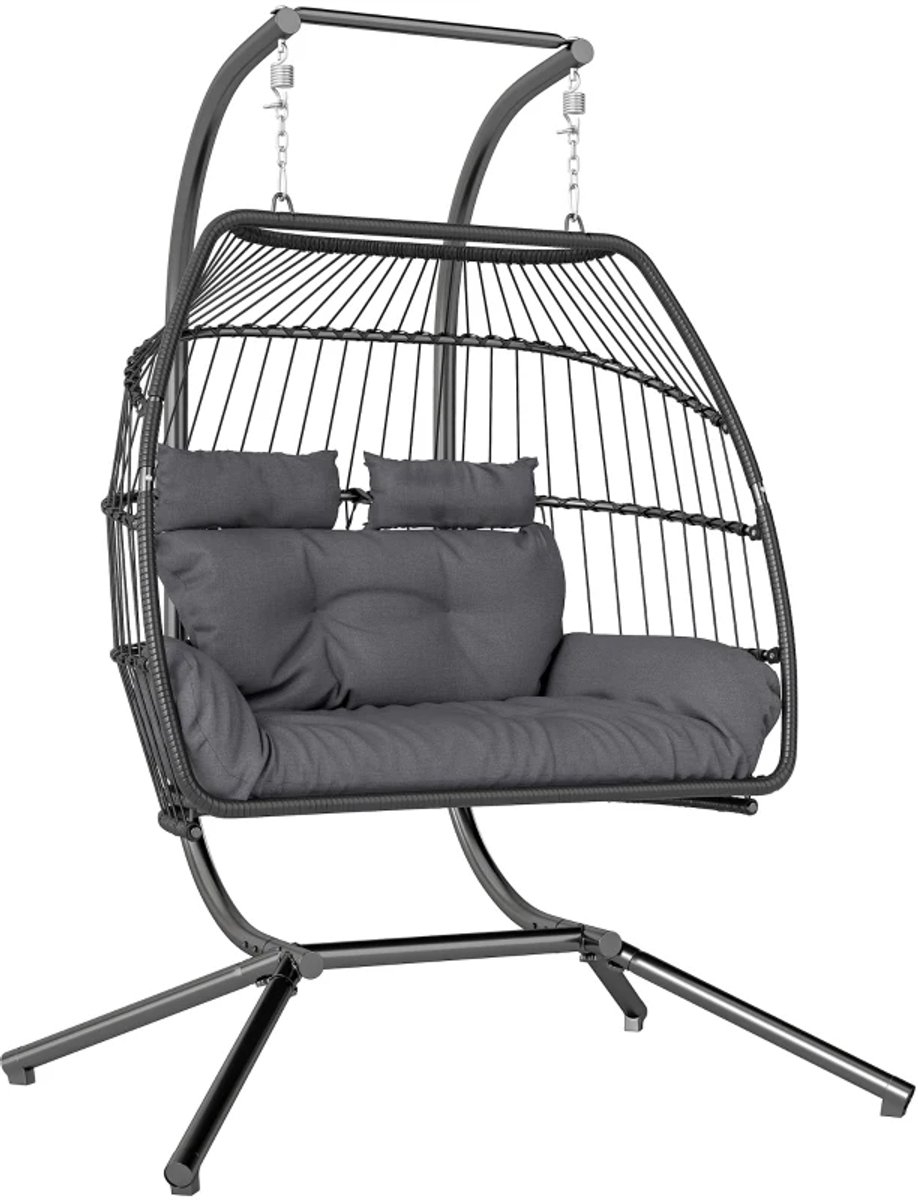 Egg Hangstoel met Standaard & Kussen - Egg Chair voor 2 Personen - Stalen Frame - Opvouwbare Hangschommel - Schommelstoel - Tuinstoel - tot 260 kg - voor Binnen / Buiten - voor Tuin, Terras, Balkon - Donkergrijs