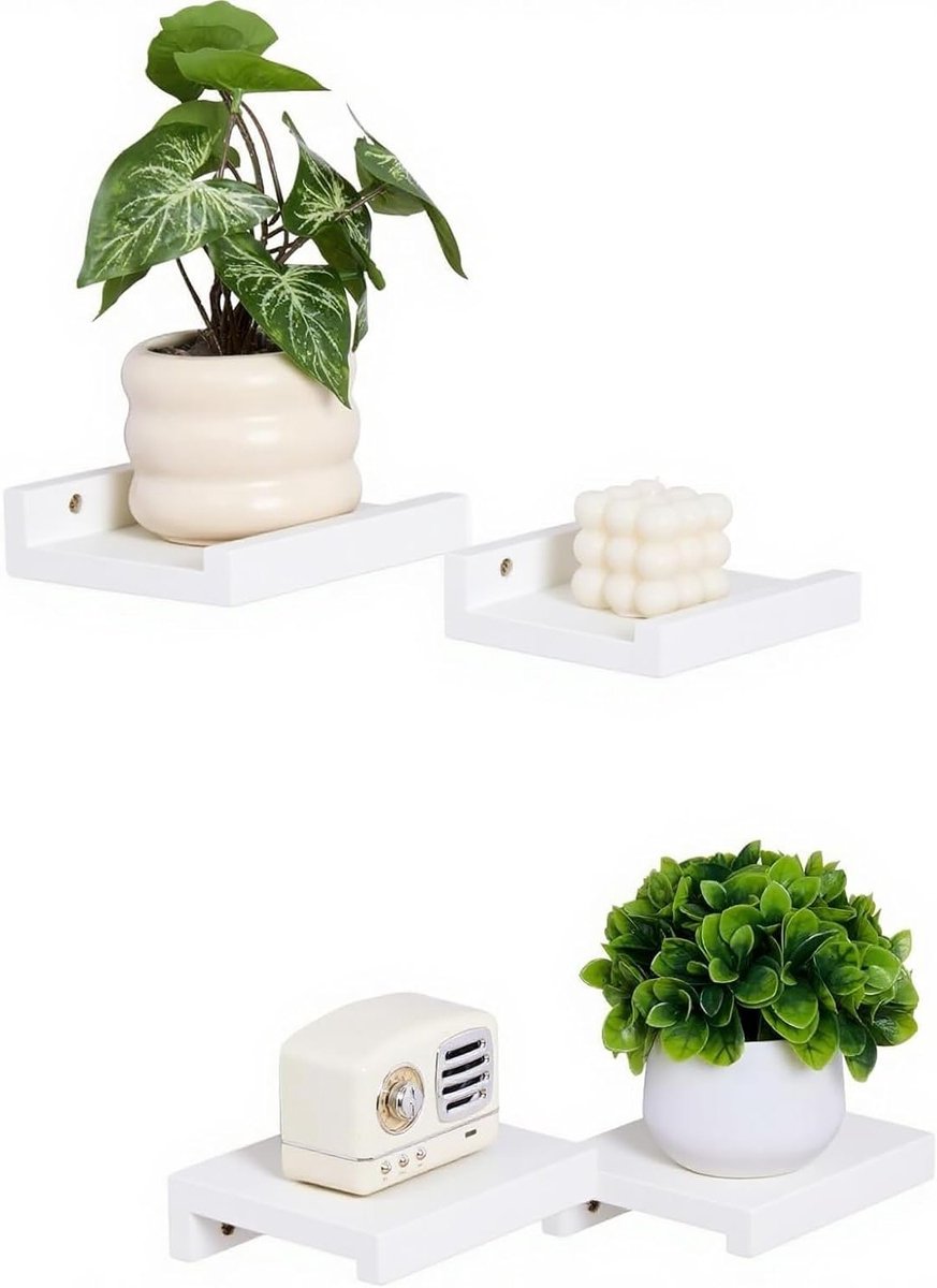 Set van 4 Witte Zwevende Planken van Massief Grenenhout voor Wanddecoratie, Ideaal voor Kleine Voorwerpen en Sfeer in Slaapkamer en Woonkamer