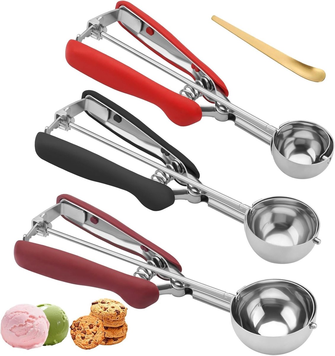 Haal het merk uit de titel en optimaliseer deze: RVS Cookie Dough Schep met Antislip Grip voor Koekjes, Cupcakes en IJs - 1, 2 en 3 Eetlepels Maatvoering
