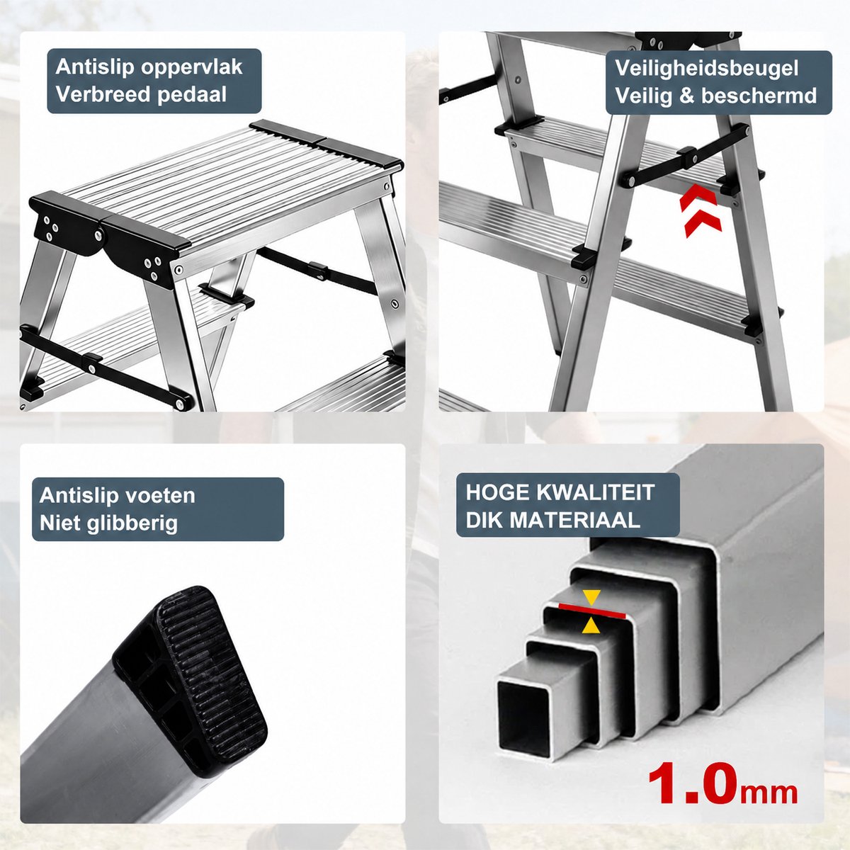 Aluminium Trapladder 3 Treden Dubbelzijdig Opvouwbaar – Huishoudtrap Breed 36,5 cm – Lichtgewicht Keukentrap – foto 2