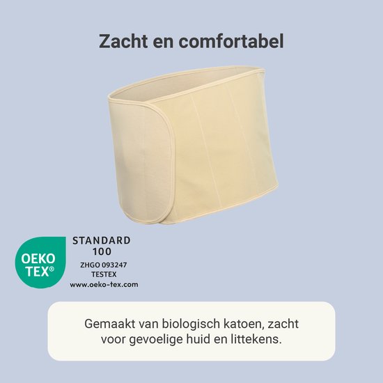 Een beige buikband met Oeko-Tex label. De tekst geeft aan dat de band gemaakt is van biologisch katoen.