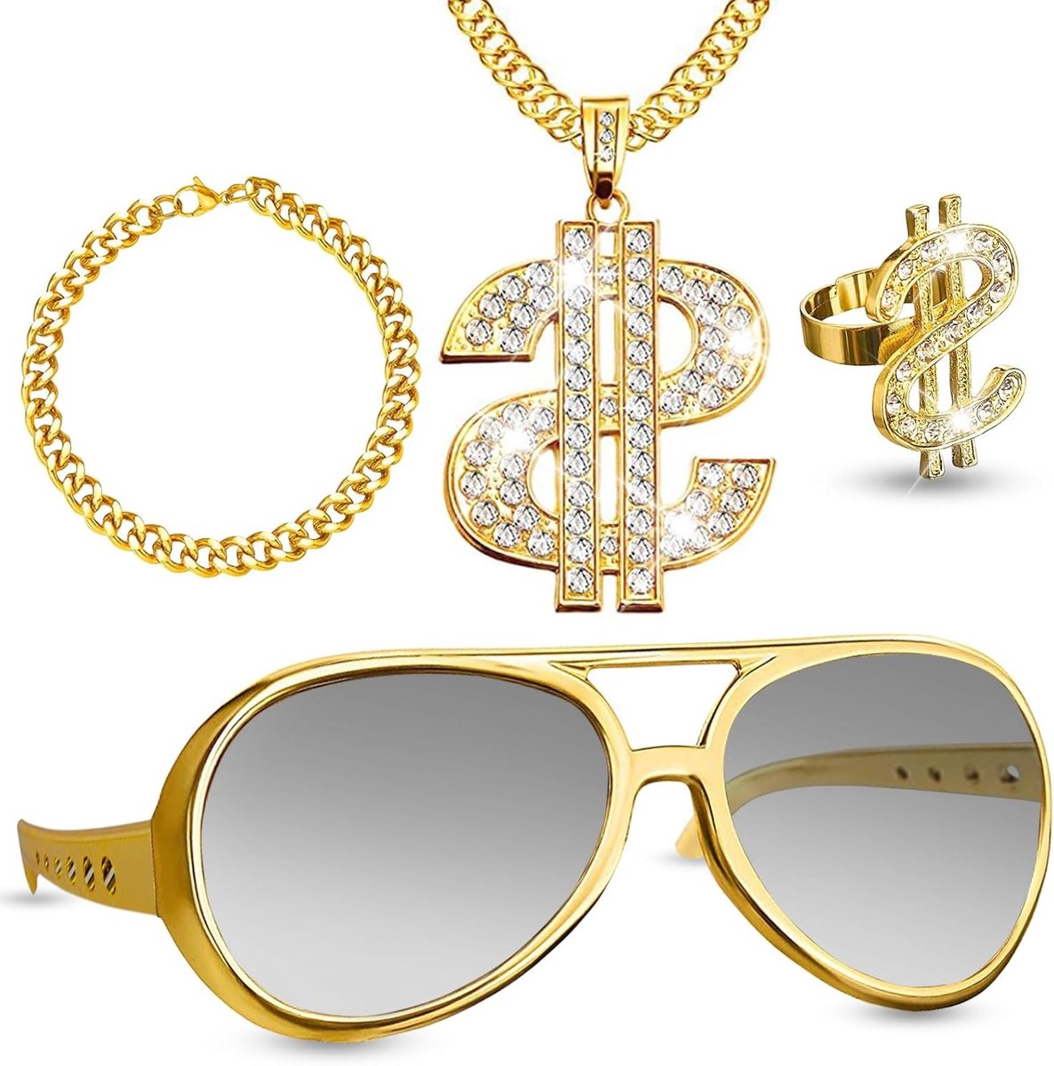 4-delig Hip Hop Kostuum Set met Decoratieve Punk Accessoires, Gouden Zonnebril, Dollar Ketting, Armbanden en Ringen voor 70s, 80s en 90s Feestjes en Carnaval