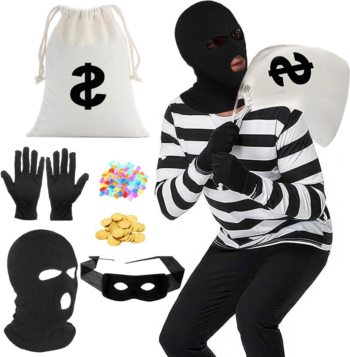 Verkleedset voor Dief: Zwart-Wit Gestreept T-Shirt, Handschoenen, Oogmasker en Handtas met Gouden Munten voor Halloween en Carnavalsfeest