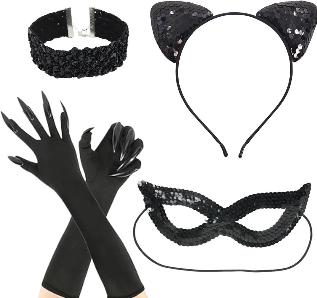 Catwoman kledingaccessoireset voor volwassenen - glanzende kattenoor hoofdband, masker, halsband en kattenklauw handschoenen voor Halloween en kostuumfeestjes