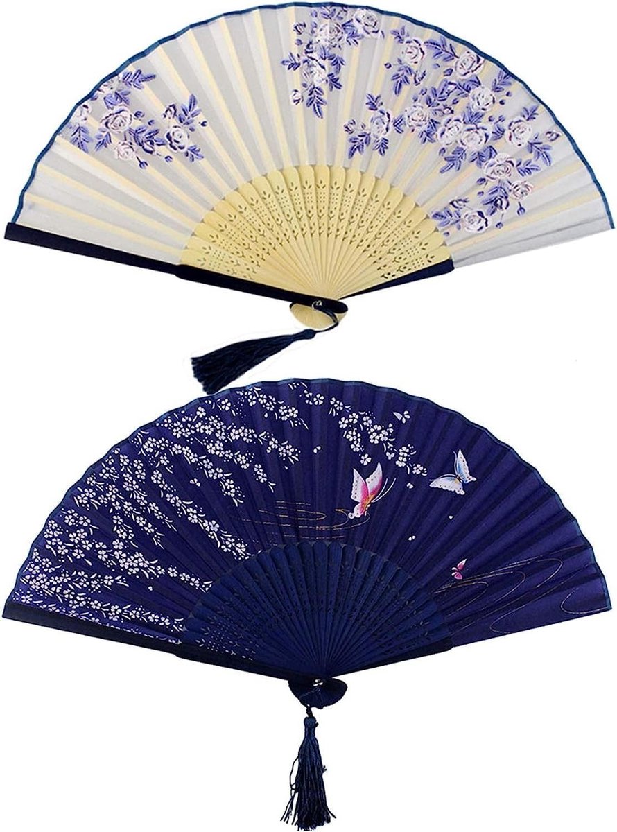 Vouwbare Handfans van Bamboe en Zijde, Set van 2, Perfect voor Bruiloften en Feestdecoratie met Kwastje