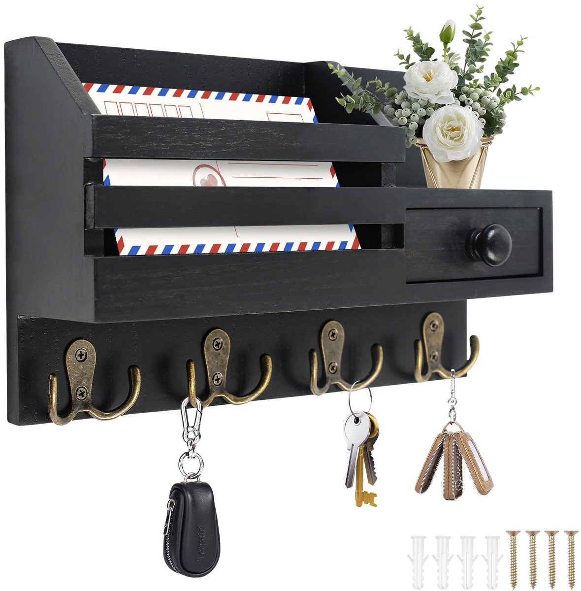 Dailygoody - Houten sleutelhouder - Sleutelhaken voor de muur - Decoratief en praktisch - Zwart - Sleutelrek met plank - Geschikt voor gang en woonkamer