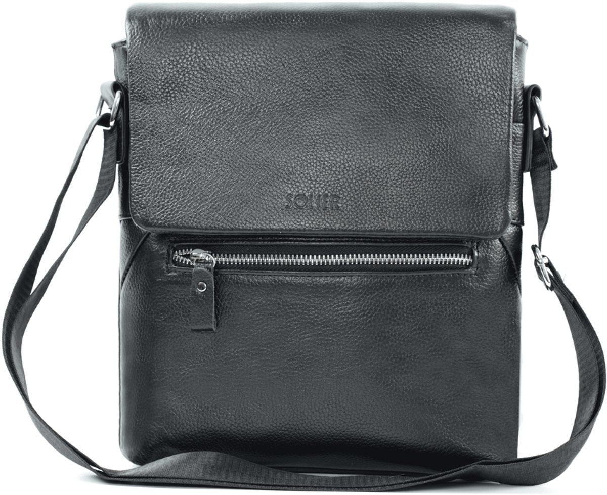 Solier Tarron - Leren heren crossbodytas - Mat echt leer - Verstelbare schouderriem - Zwart