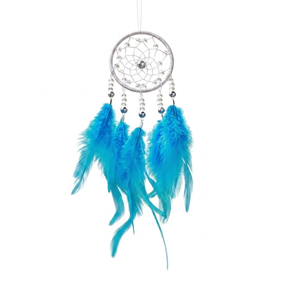 NUVEX Zilverkleurig blauw dromenvanger wand decoratie hanger rond met veren kralen en web patroon voor dames en heren muur ophanging bohemian stijl handgemaakt ornament slaapkamer woonkamer