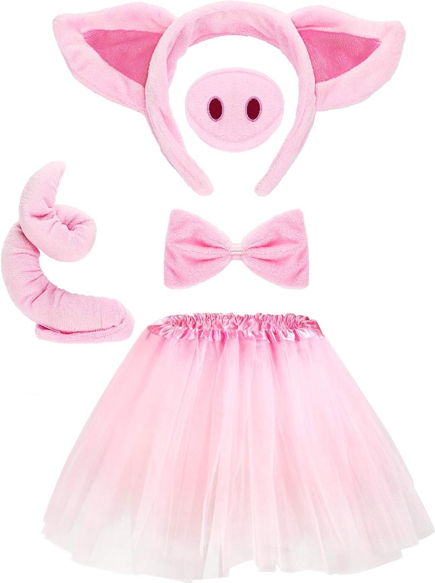Schattige Varkenskostuum Set voor Kinderen met Tutu Rok, Oren, Neus, Staart en Strikje - Perfect voor Feestjes en Verkleedpartijen