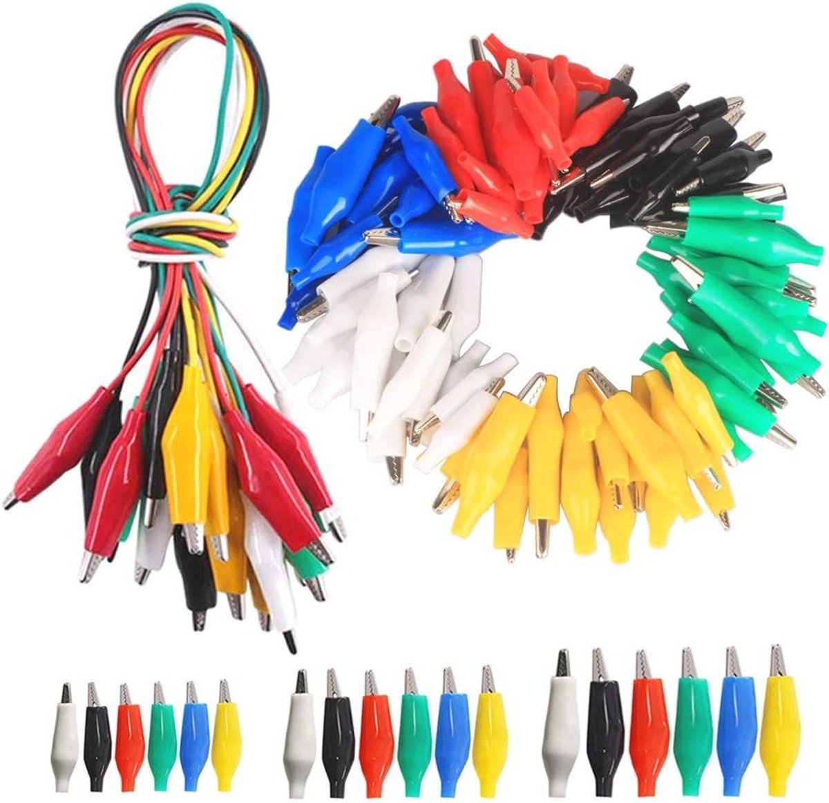 Set van 90 Krokodilklemmen in 3 Maten - 28 mm, 35 mm, 45 mm - Elektrische Testklemmen met Beschermhoezen in Rood, Geel, Blauw, Groen, Wit en Zwart + 10 Krokodilklemmen met Kabel voor Diverse Toepassingen